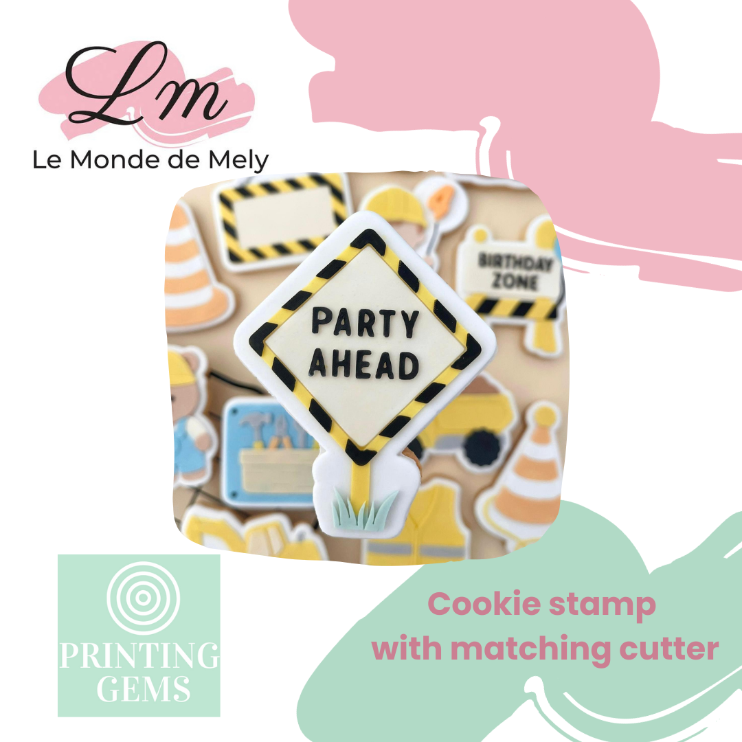 Construction party ahead sign raised stamp by Le Monde De Mely