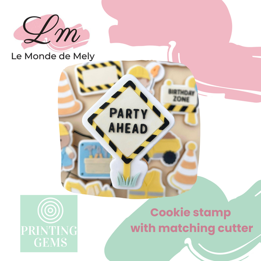 Construction party ahead sign raised stamp by Le Monde De Mely