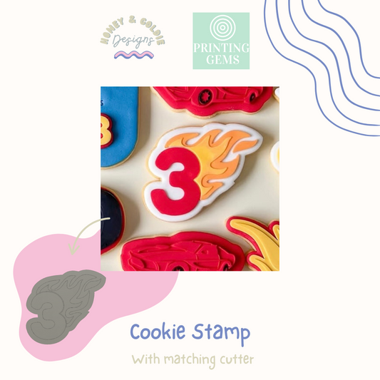 Flaming Three raised stamp by Honey & Goldie