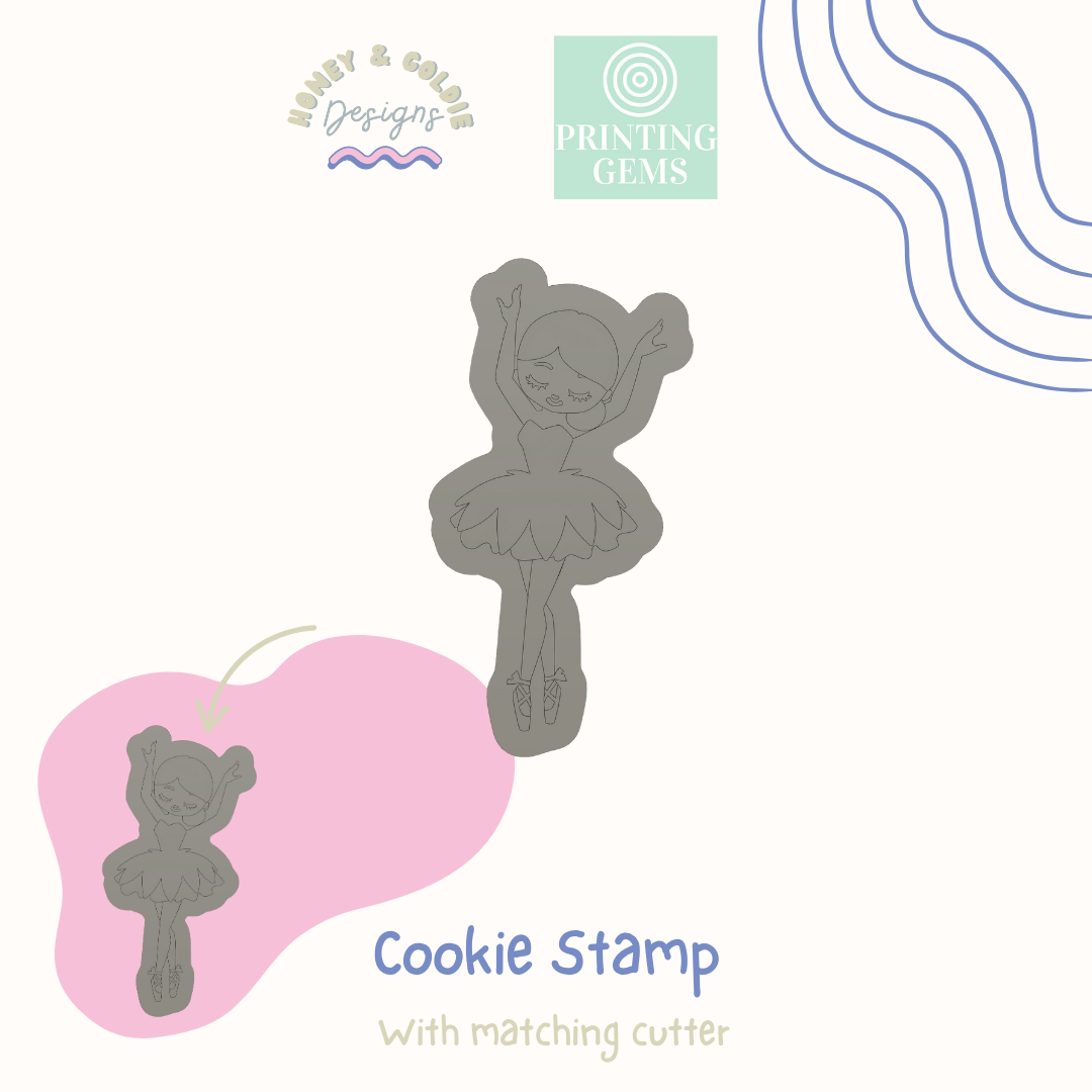 Ballerina with side bun raised cookie stamp and matching cutter by Honey & Goldie