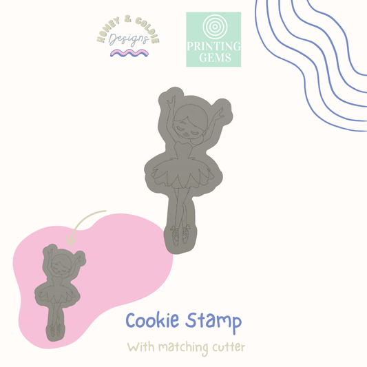 Ballerina with side bun raised cookie stamp and matching cutter by Honey & Goldie