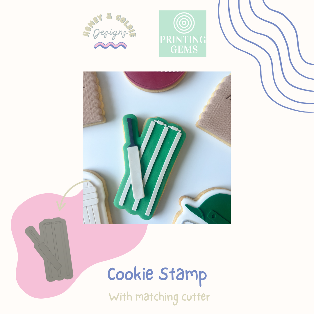 Bat and stumps raised cookie stamp and matching cutter by Honey & Goldie