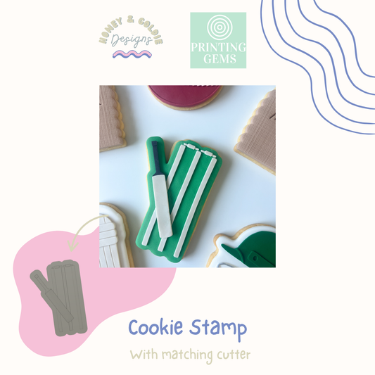 Bat and stumps raised cookie stamp and matching cutter by Honey & Goldie