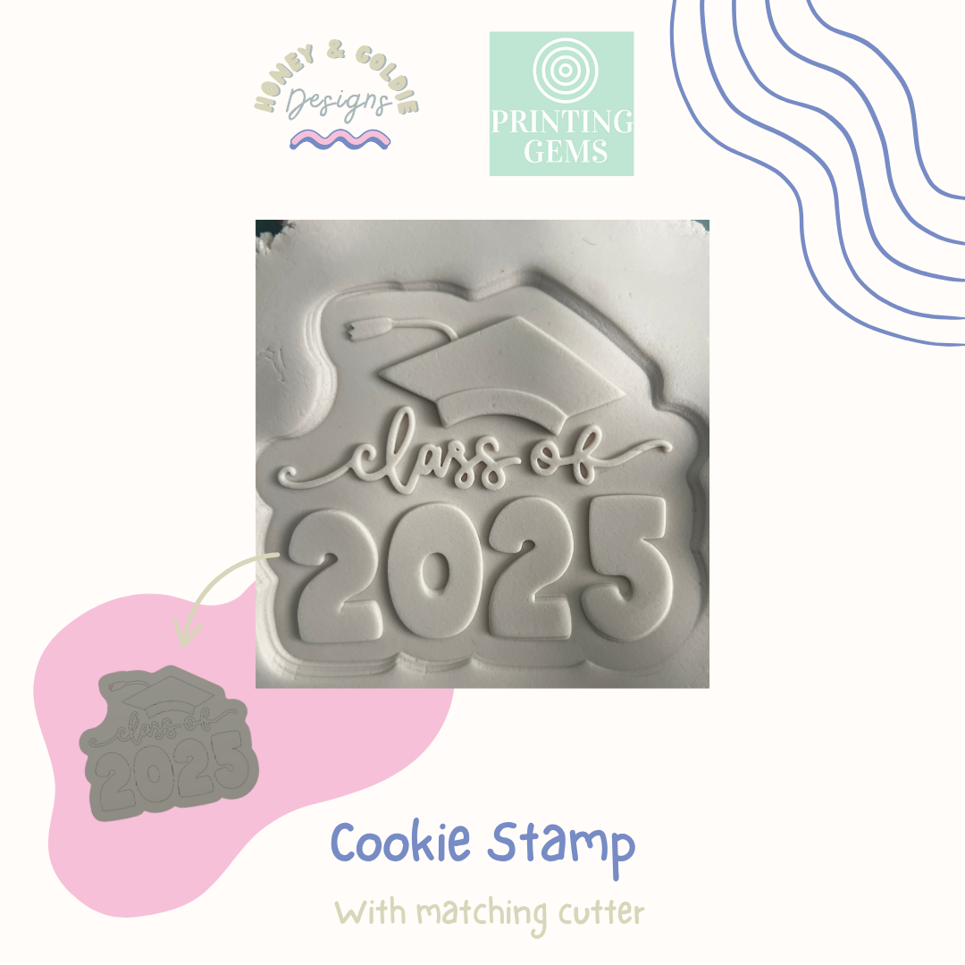Class of 2025 raised cookie stamp and matching cutter by Honey & Goldie