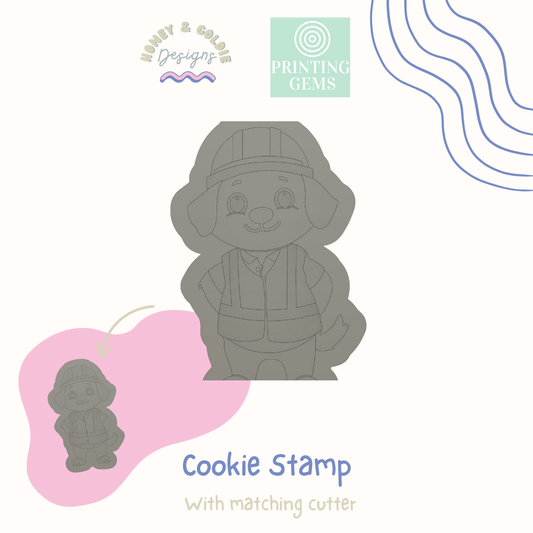 Construction dog raised cookie stamp and matching cutter by Honey & Goldie
