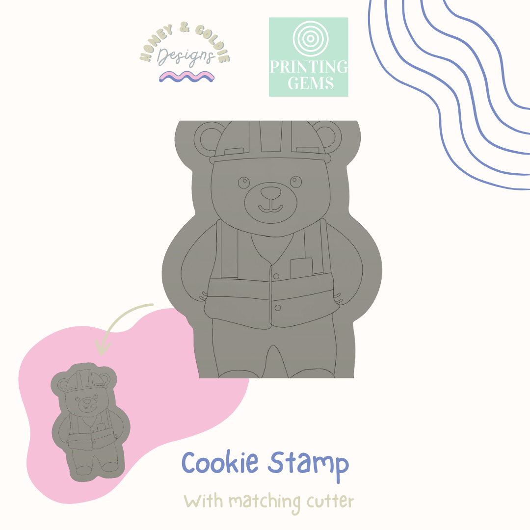 Construction Bear raised cookie stamp and matching cutter by Honey & Goldie