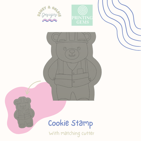 Construction Bear raised cookie stamp and matching cutter by Honey & Goldie