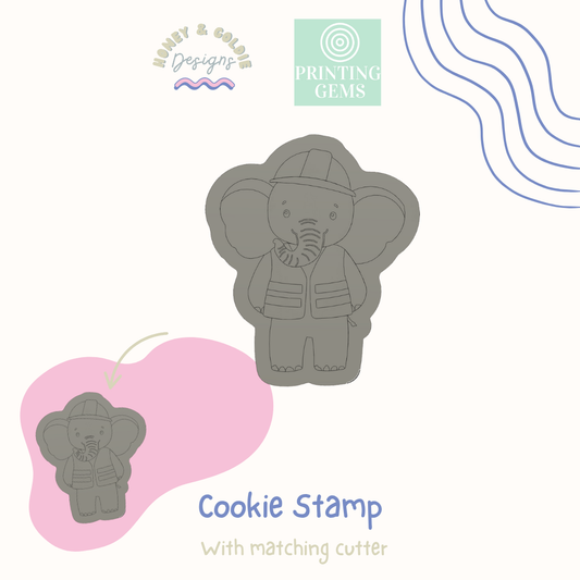 Construction elephant raised cookie stamp and matching cutter by Honey & Goldie