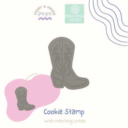 Cowgirl boot raised cookie stamp and matching cutter by Honey & Goldie