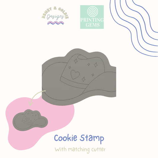 Cowgirl hat raised cookie stamp and matching cutter by Honey & Goldie