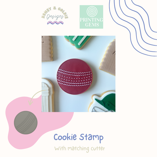 Cricket ball raised cookie stamp and matching cutter by Honey & Goldie