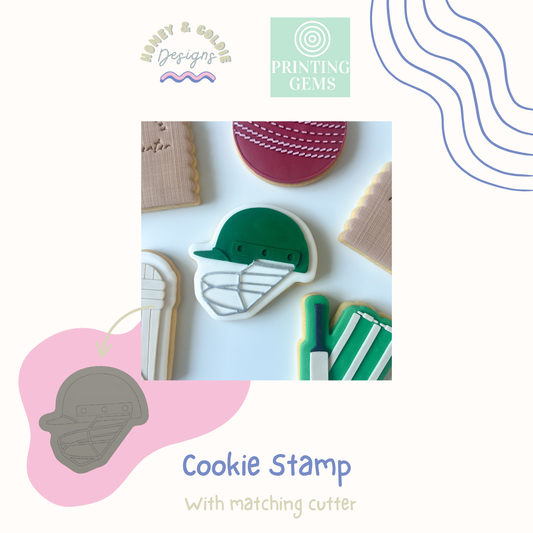 Cricket helmet raised cookie stamp and matching cutter by Honey & Goldie