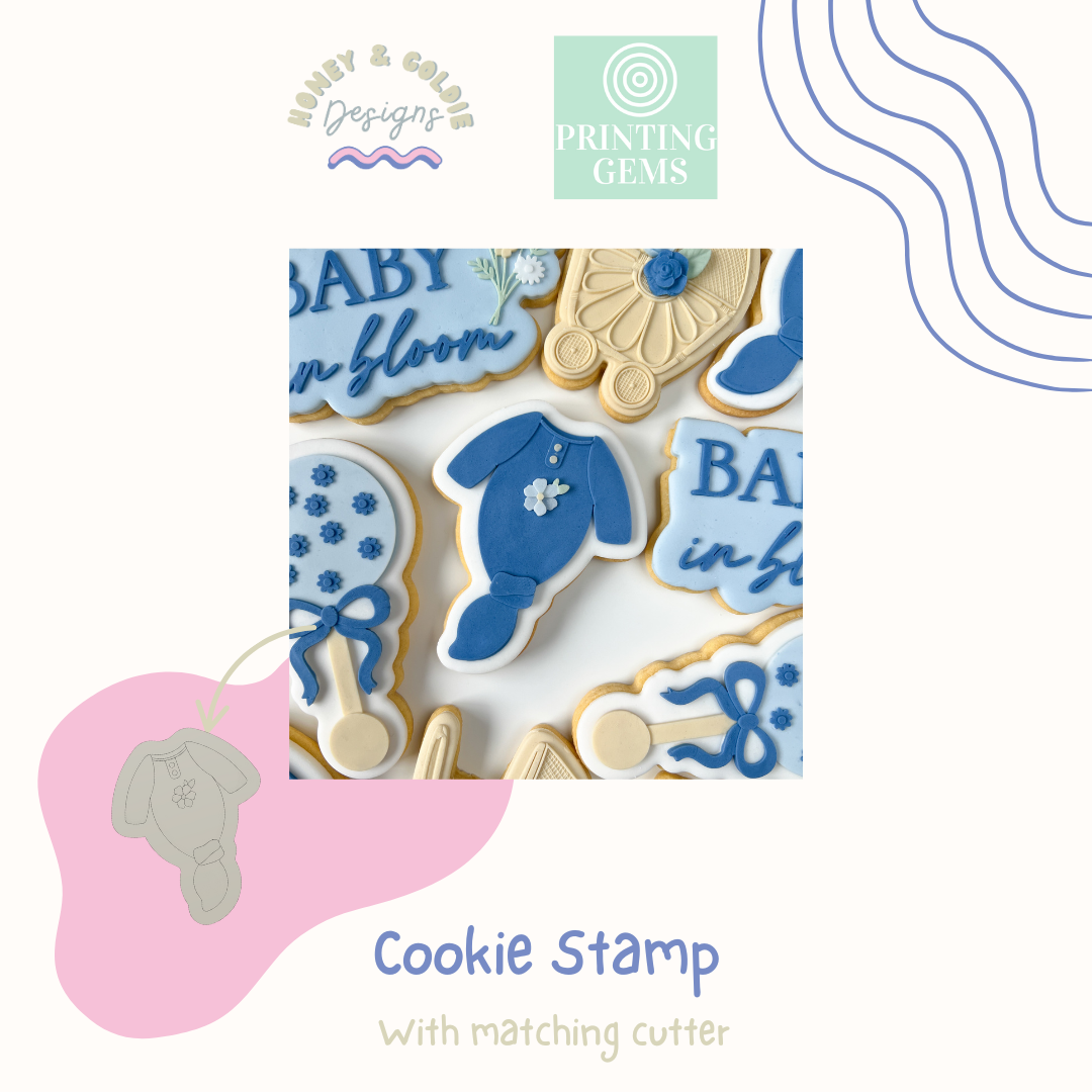Baby in Bloom onesie raised stamp by Honey & Goldie