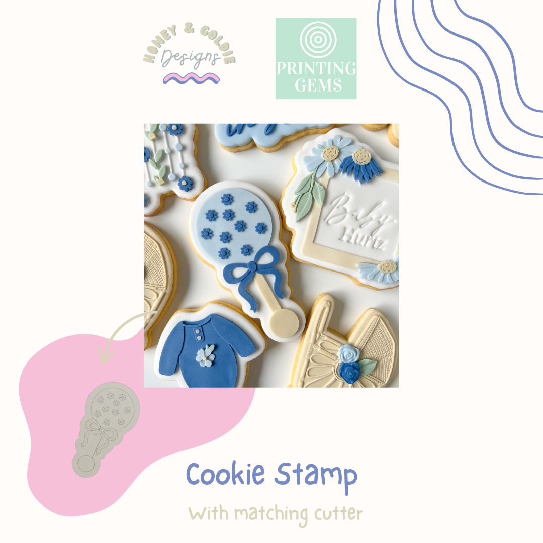 Baby in Bloom rattle raised stamp by Honey & Goldie