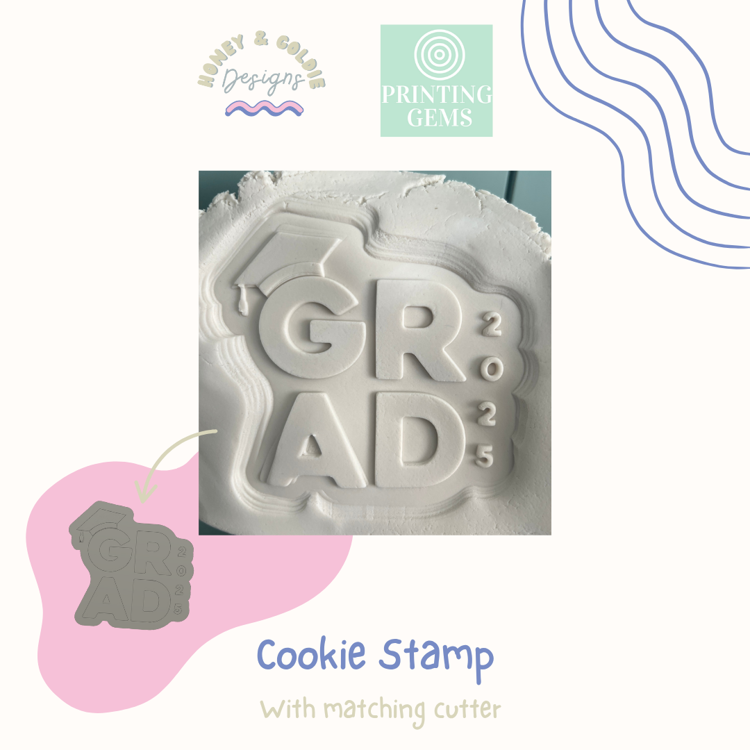 Grad 25 raised cookie stamp and matching cutter by Honey & Goldie