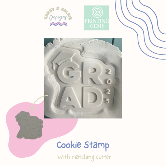 Grad 25 raised cookie stamp and matching cutter by Honey & Goldie