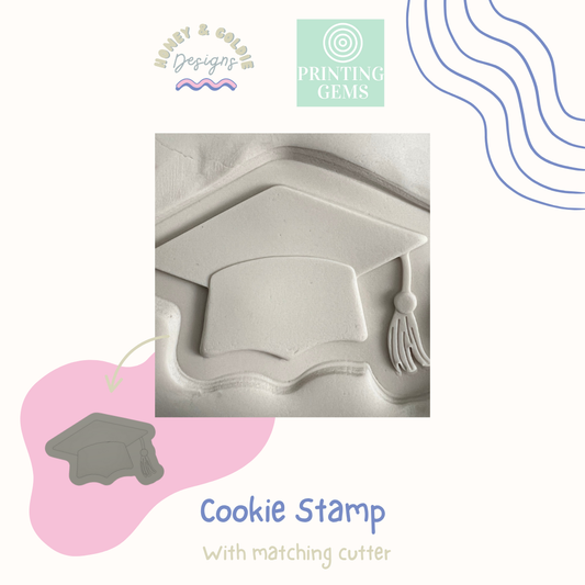 Graduation cap raised cookie stamp and matching cutter by Honey & Goldie