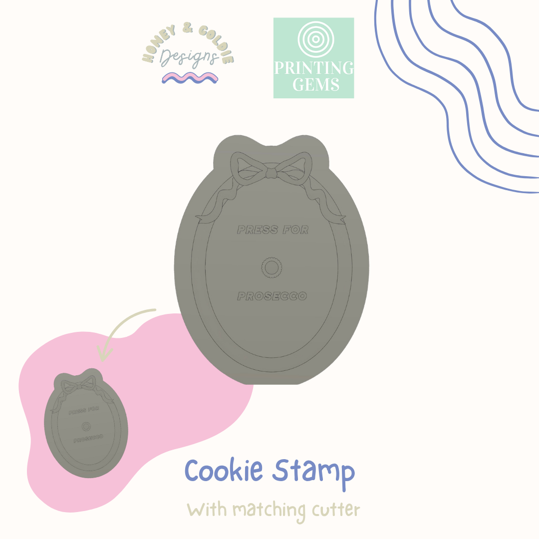 Press for prosecco raised cookie stamp and matching cutter by Honey & Goldie