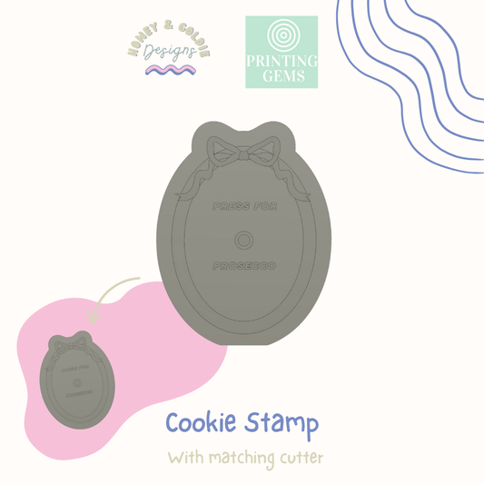Press for prosecco raised cookie stamp and matching cutter by Honey & Goldie