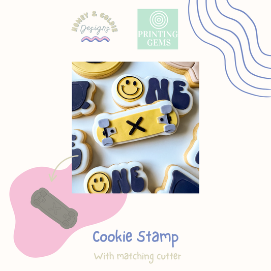Skateboard raised cookie stamp and matching cutter by Honey & Goldie