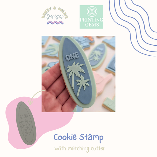 Surfboard one raised cookie stamp and matching cutter by Honey & Goldie