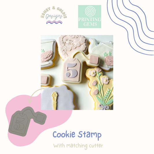 Teabag 5 raised cookie stamp and matching cutter by Honey & Goldie