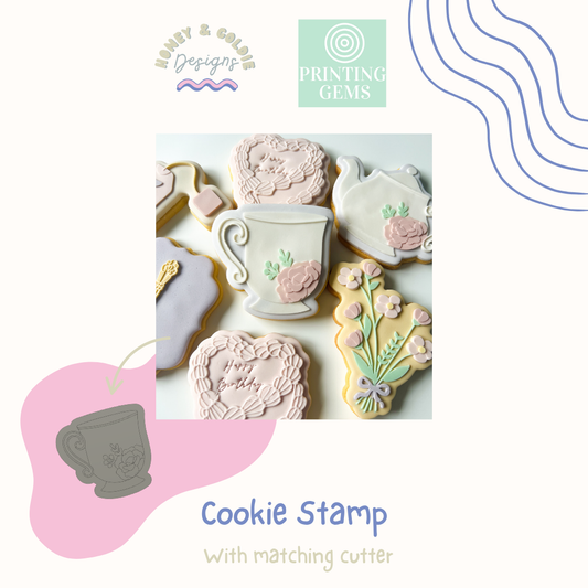 Floral teacup raised cookie stamp and matching cutter by Honey & Goldie