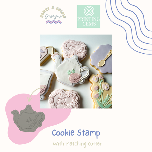 Floral teapot raised cookie stamp and matching cutter by Honey & Goldie