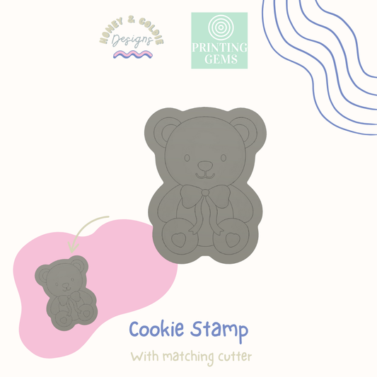 Teddy with bow raised cookie stamp and matching cutter by Honey & Goldie