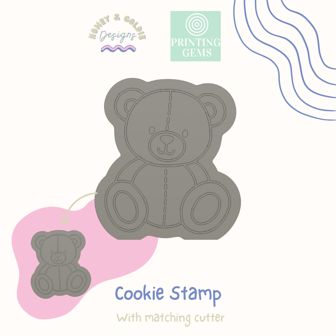 Teddy with stitches raised cookie stamp and matching cutter by Honey & Goldie
