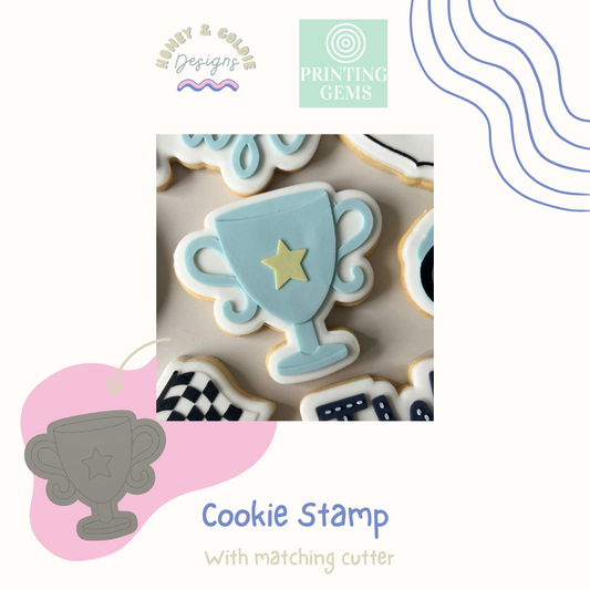 Trophy raised stamp by Honey & Goldie