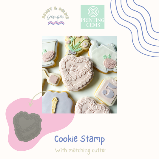 Vintage heart cake raised cookie stamp and matching cutter by Honey & Goldie
