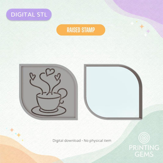 Coffee Heart Cup Raised Cookie Cutter & Stamp STL
